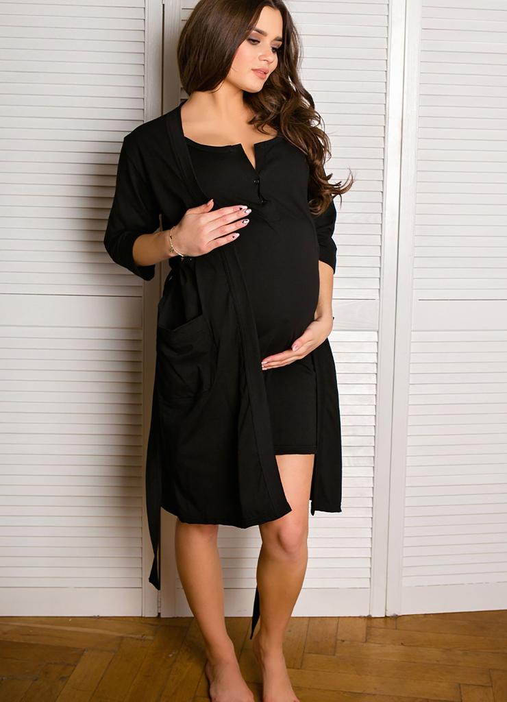 Bawełniany szlafrok z paskiem dla kobiet w ciąży - czarny