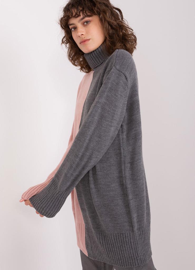 Szaro-różowy długi damski sweter z golfem