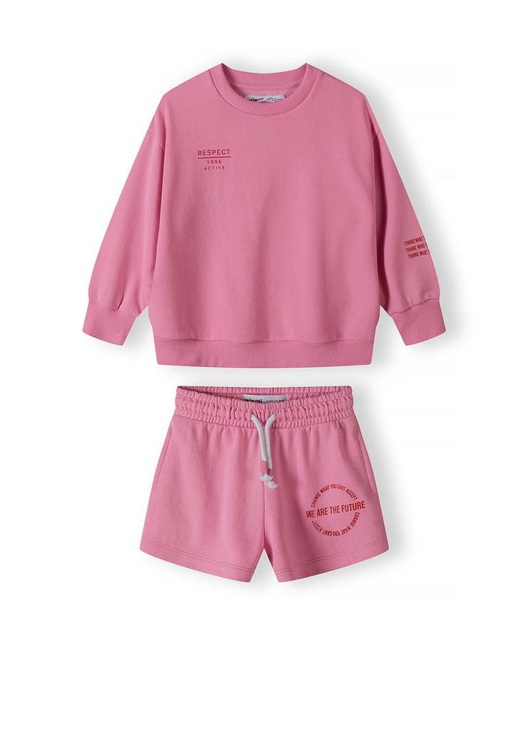 Różowy komplet dziewczęcy - bluza i szorty z napisami
