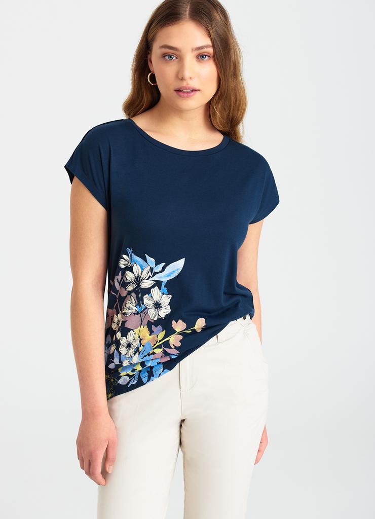 T-shirt damski w kwiaty granatowy