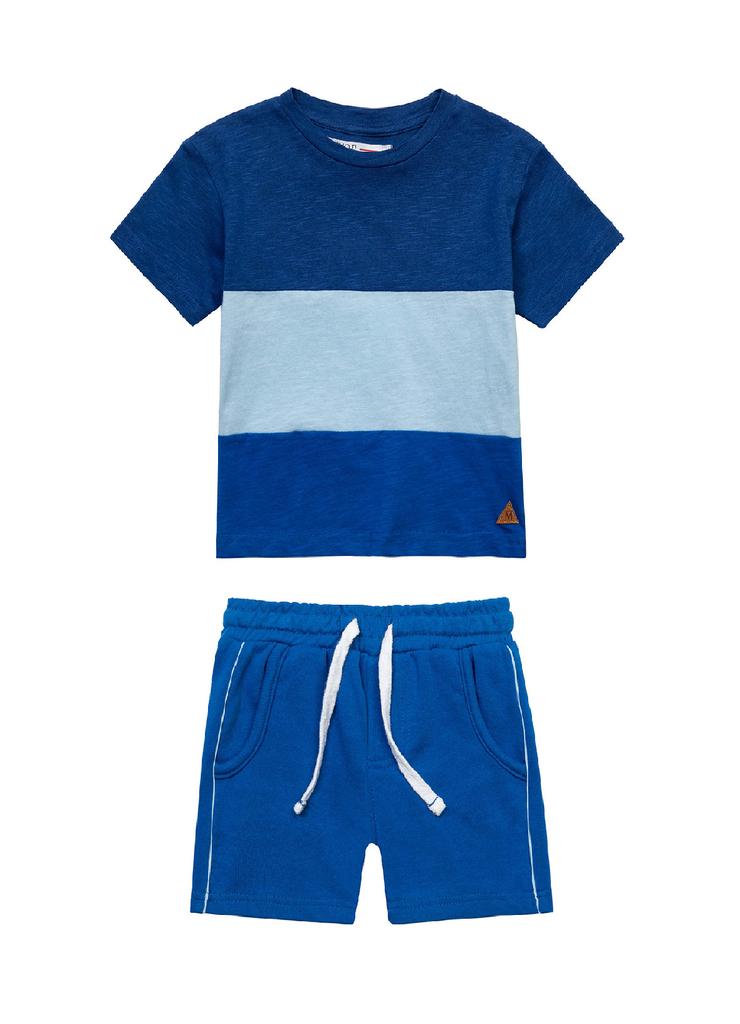 Komplet ubrań dresowych dla chłopca- T-shirt w paski i niebieskie szorty
