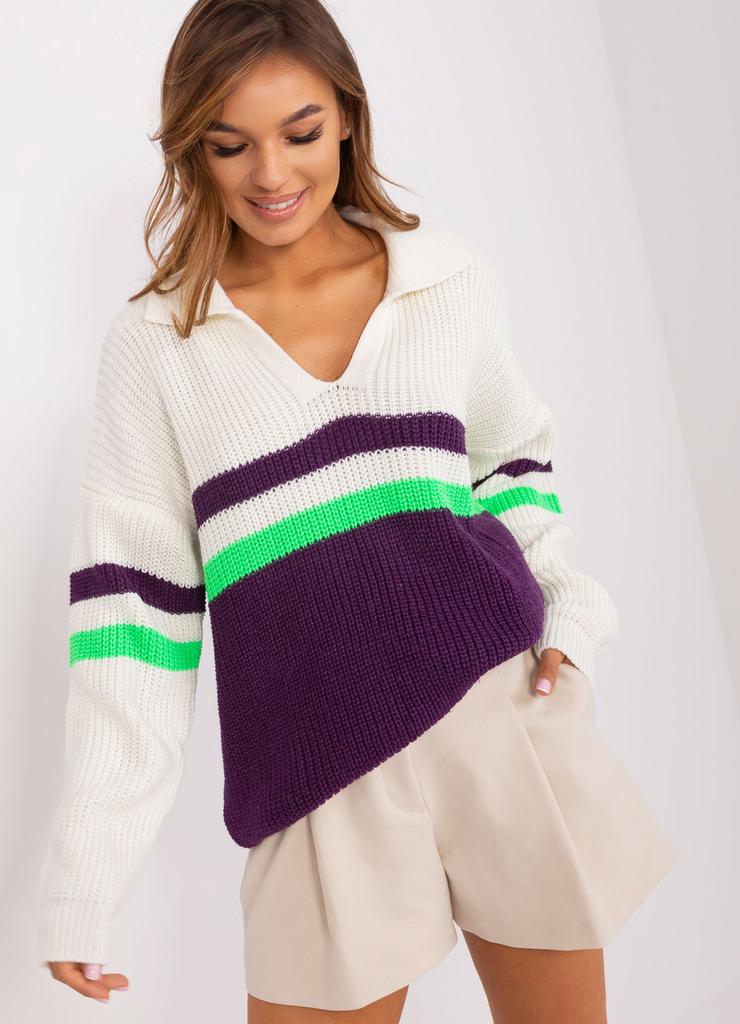 Ecru-ciemnofioletowy sweter oversize z wełną