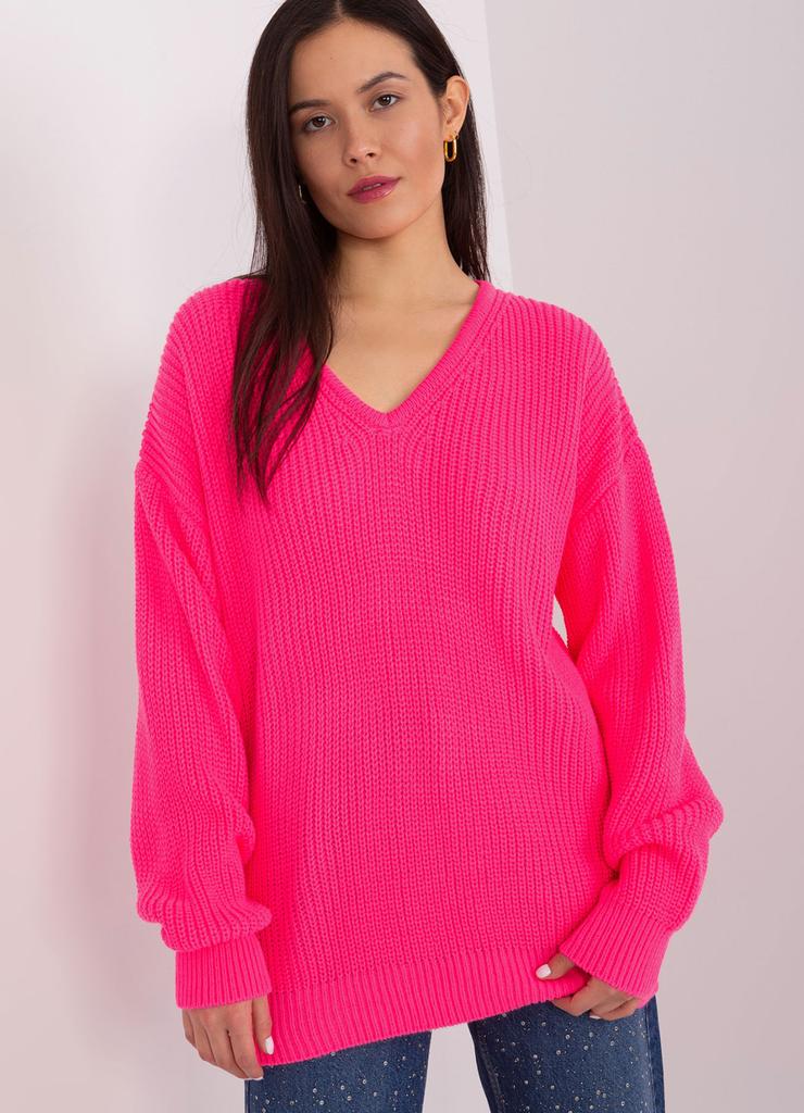 Damski sweter oversize z wełną fluo różowy