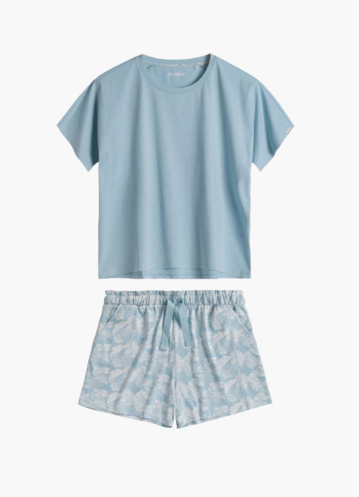 Piżama damska bawełniana - t-shirt i krótkie spodenki w kwiatki - niebieska - Atlantic