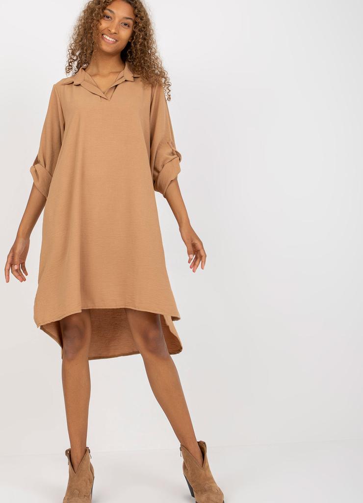 Camelowa koszulowa sukienka damska one size z długim rękawem