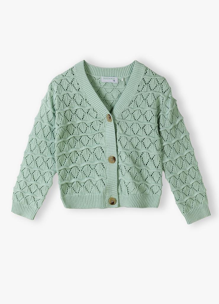 Sweter dla dziewczynki - zielony w ażurowe wzory - Max&Mia
