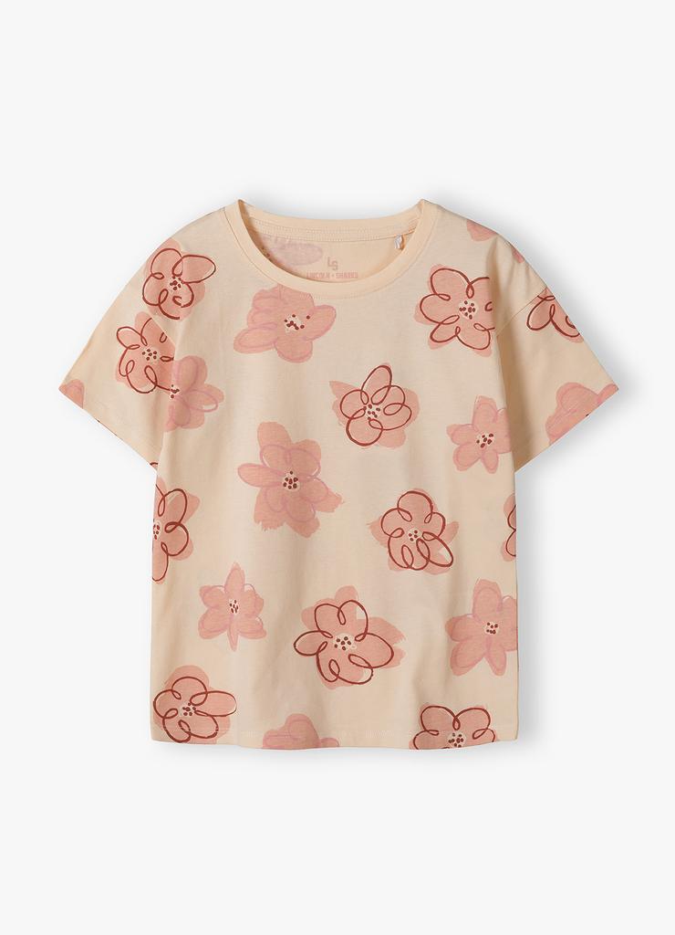 Dzianinowy t-shirt dziewczęcy w kwiaty