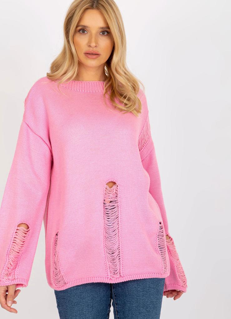Damski sweter oversize z dziurami - różówy