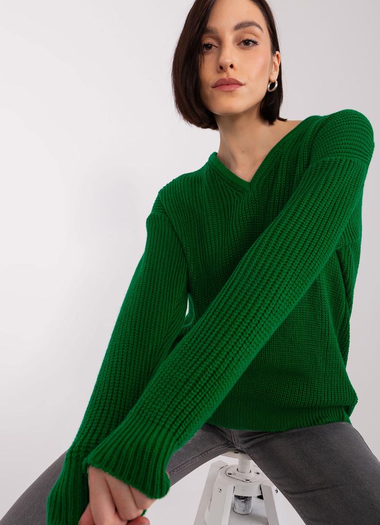 Damski sweter oversize z wełną ciemny zielony