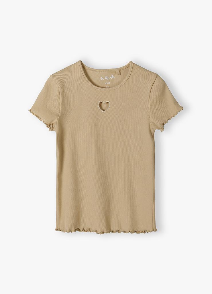 Prążkowana koszulka dla dziewczynki z ozdobnym serduszkiem - beżowa