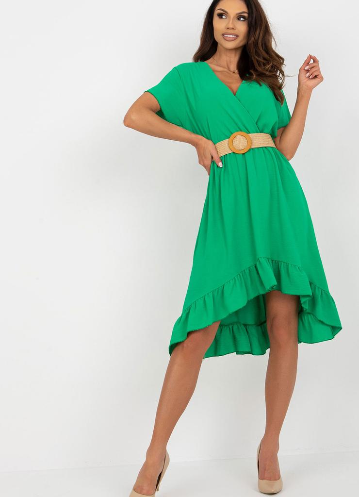 Zielona sukienka z falbaną i plecionym paskiem