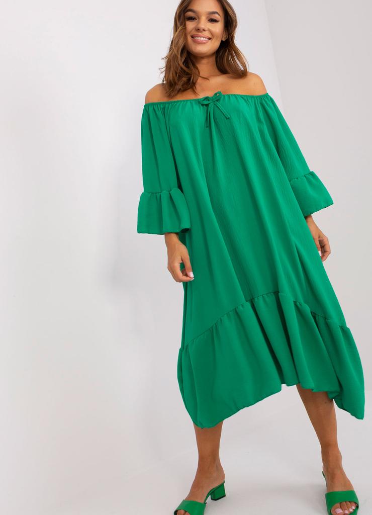 Zielona midi sukienka oversize z falbaną