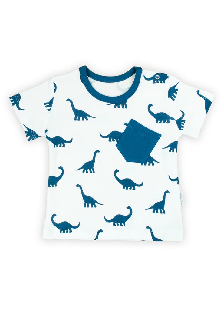 Biały t-shirt chopięcy bawełniany z kieszonką- niebieskie dinozaury