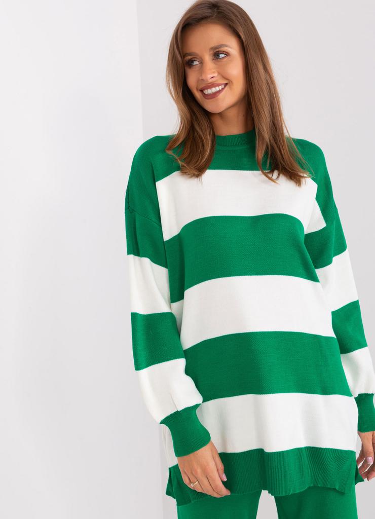 Zielono-ecru sweter oversize w szerokie paski