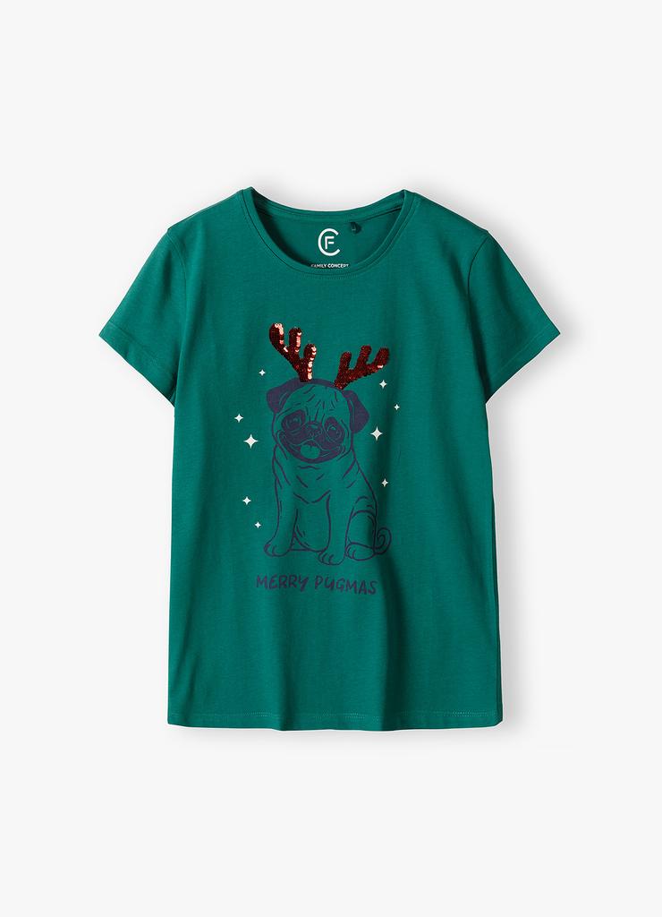 T-shirt świąteczny z napisem "Merry Pugmas" - zielony