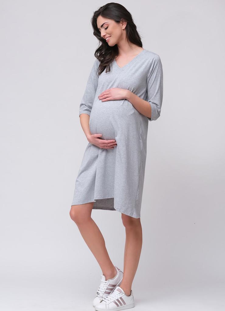 Sukienka dla kobiet w ciąży oversize rękaw 3/4 szary melanż