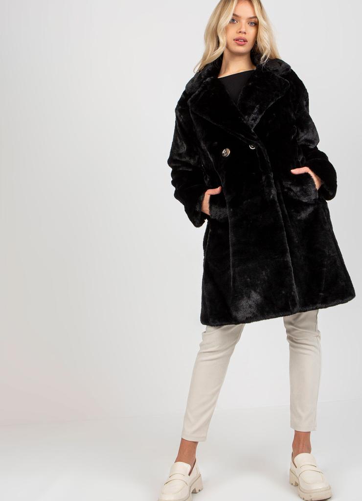 Czarny damski płaszcz futrzany z kieszeniami OCH BELLA