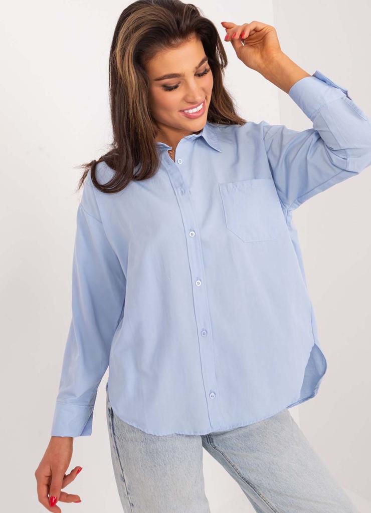 Jasnoniebieska asymetryczna koszula damska z długim rękawem