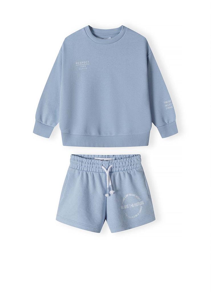 Błękitny komplet dziewczęcy - bluza i szorty z napisami