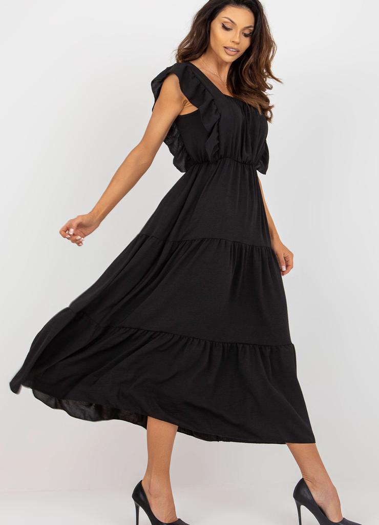 Czarna midi sukienka z falbaną o luźnym kroju