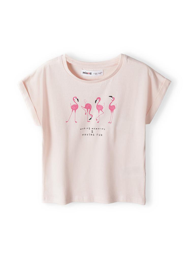 Różowa koszulka bawełniana niemowlęca z nadrukiem flamingów