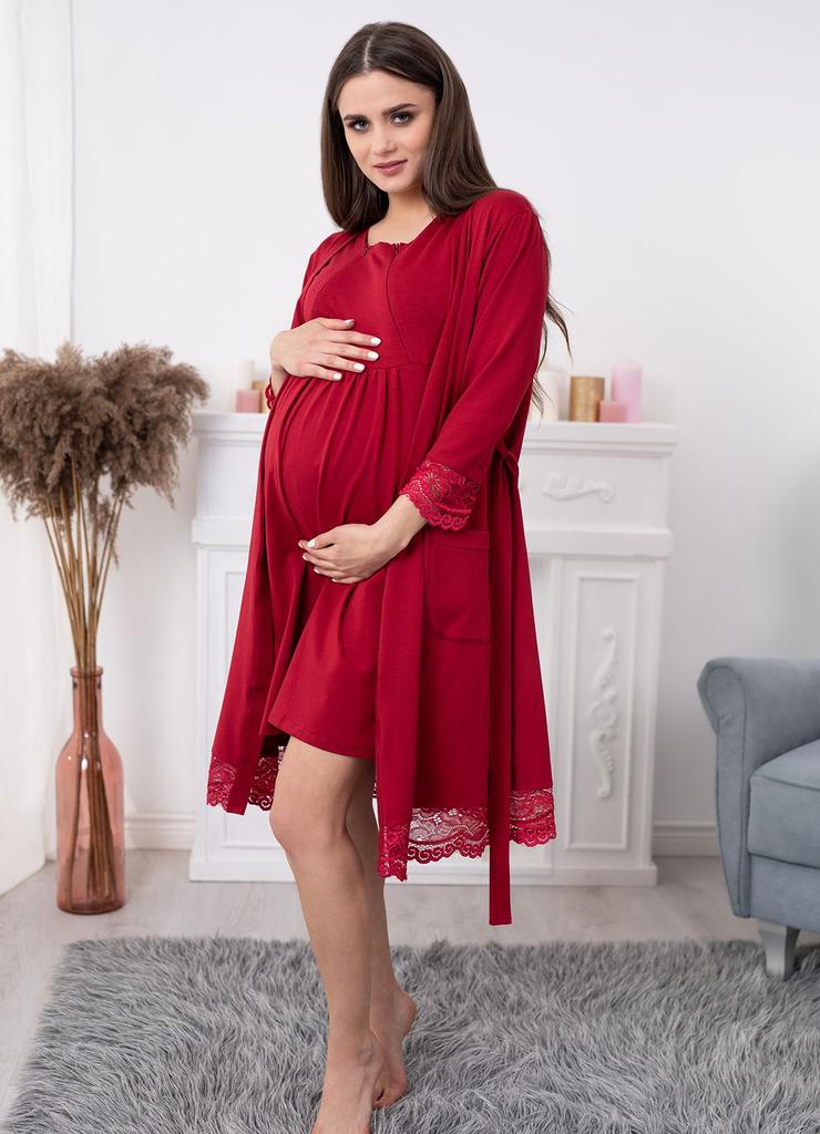 Bawełniany szlafrok z koronką dla kobiet w ciąży - bordowy