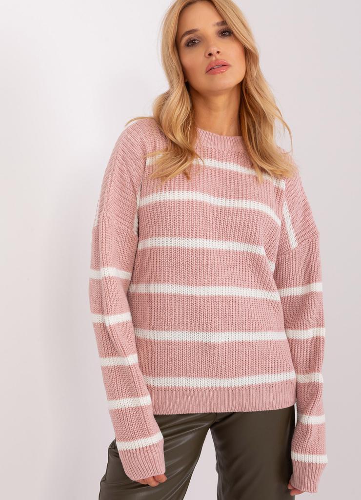Różowo-biały sweter oversize w paski z domieszką wełny