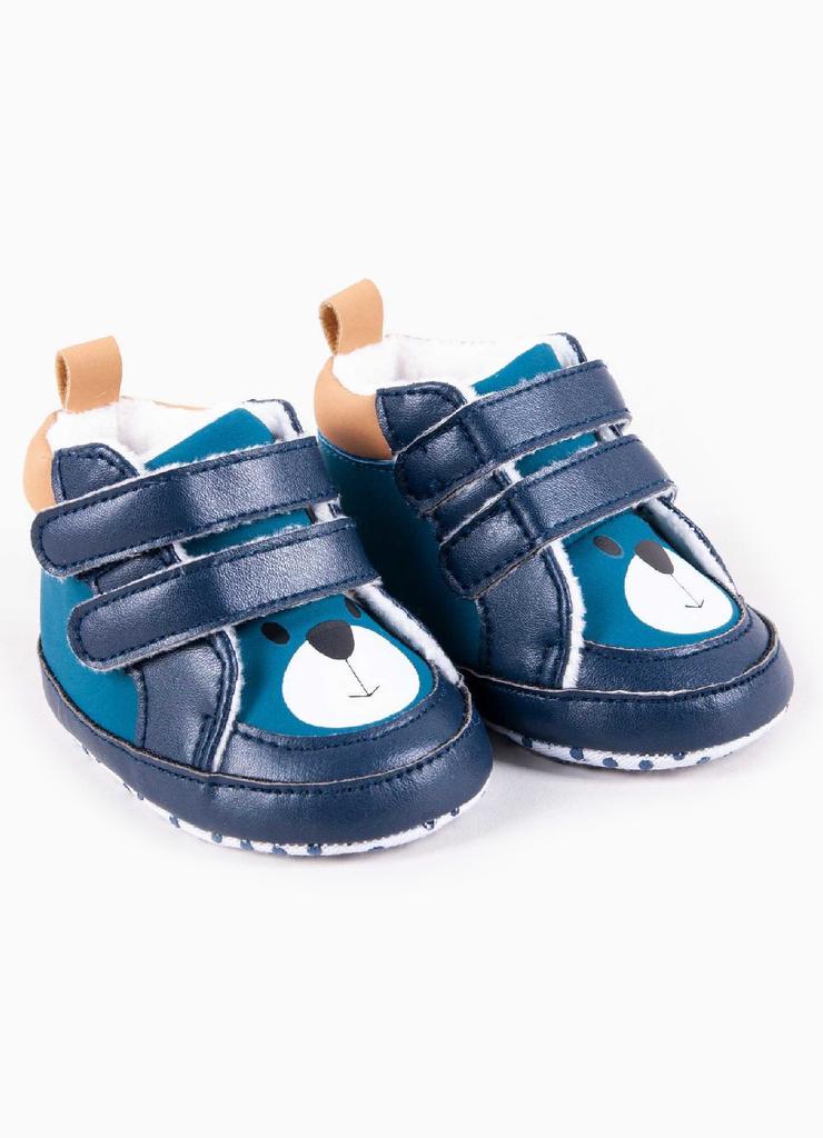 Niebieskie buciki przejściowe niemowlęce na rzep- miś
