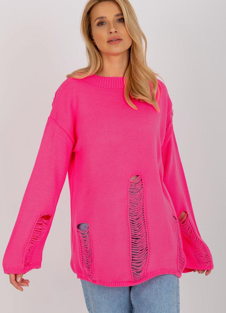 Fluo różowy damski sweter oversize z
wełną