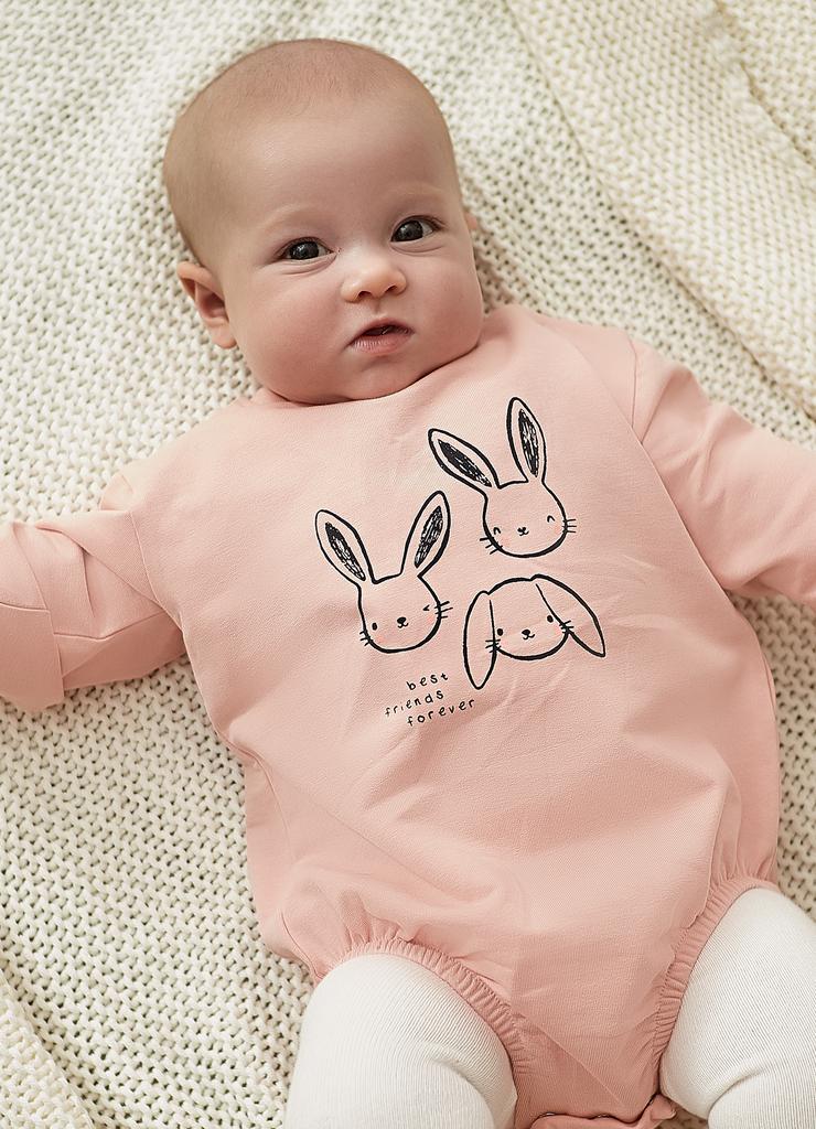 Różowe body dresowe niemowlęce z długim rękawem z króliczkami
