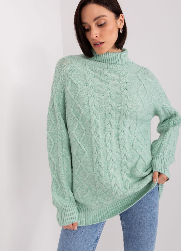 Damski sweter z warkoczami mietowy