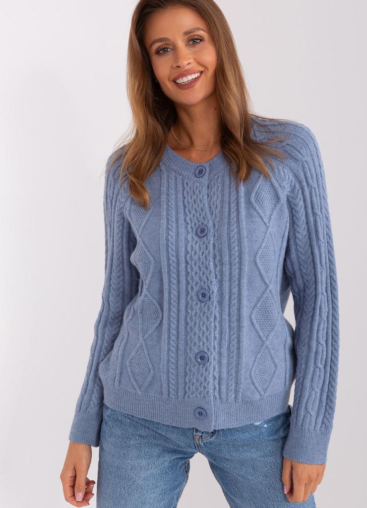 Rozpinany sweter z warkoczami szaro-niebieski
