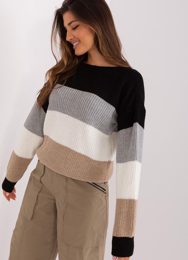 Czarno-ecru damski sweter oversize w paski