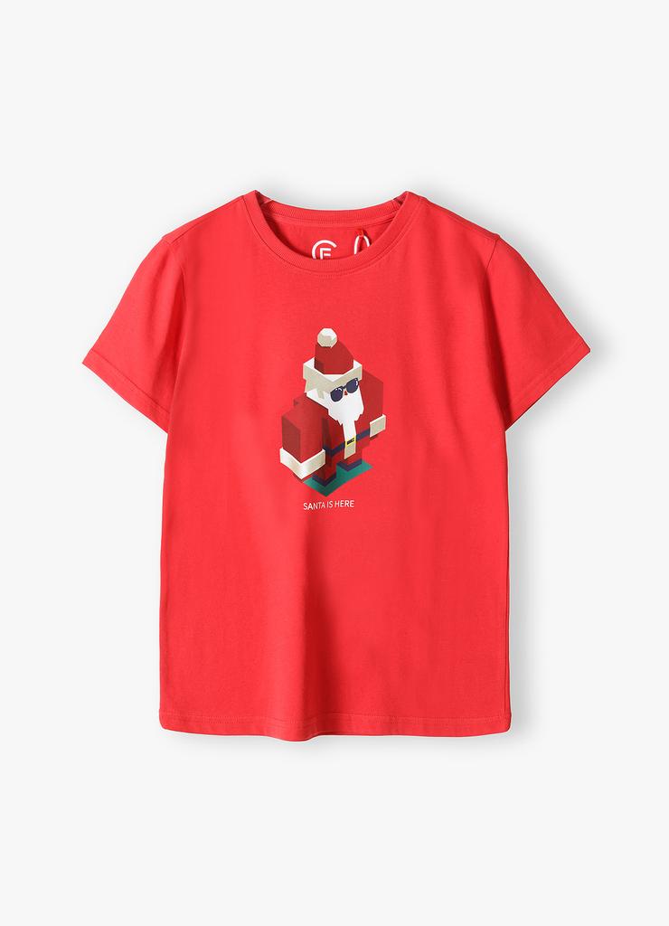Świąteczny t- shirt męski - czerwony z napisem Santa is here