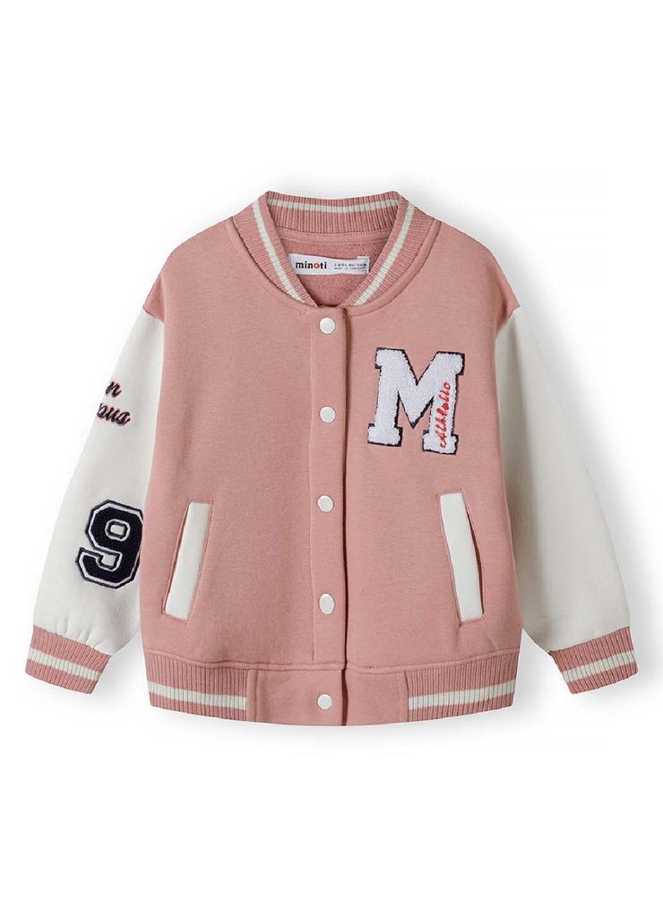 Różowa kurtka typu baseball z naszywkami dla dziewczynki