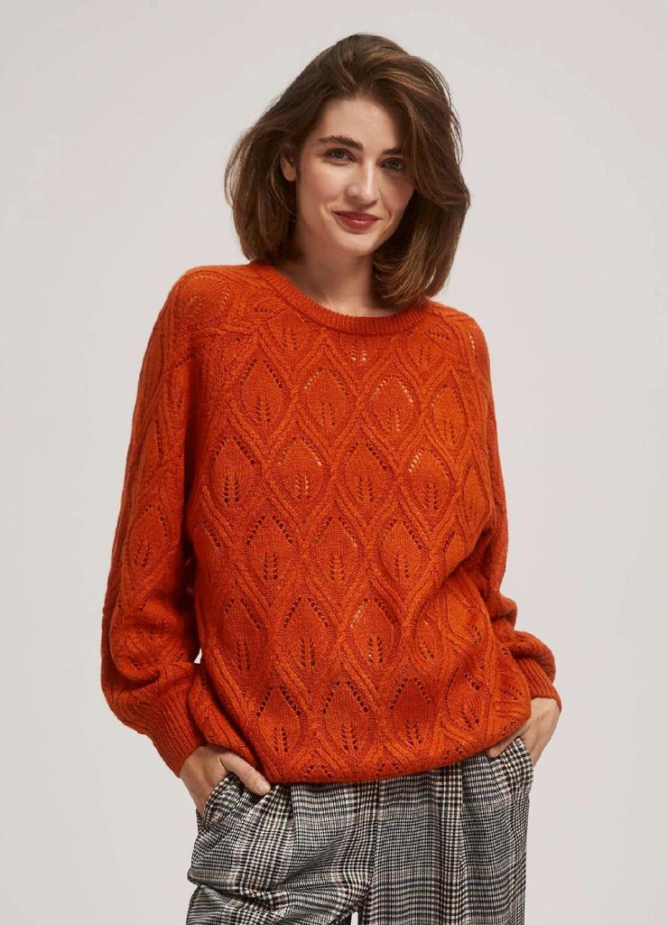 Ażurowy sweter damski pomarańczowy