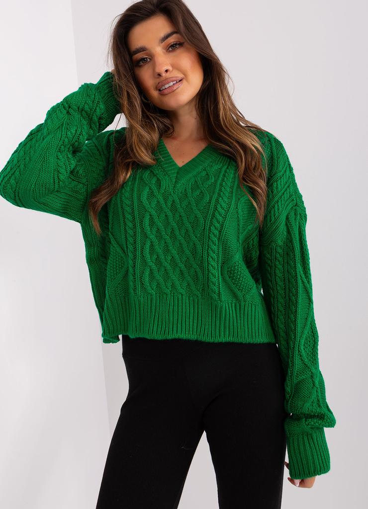Zielony luźny sweter w warkocze