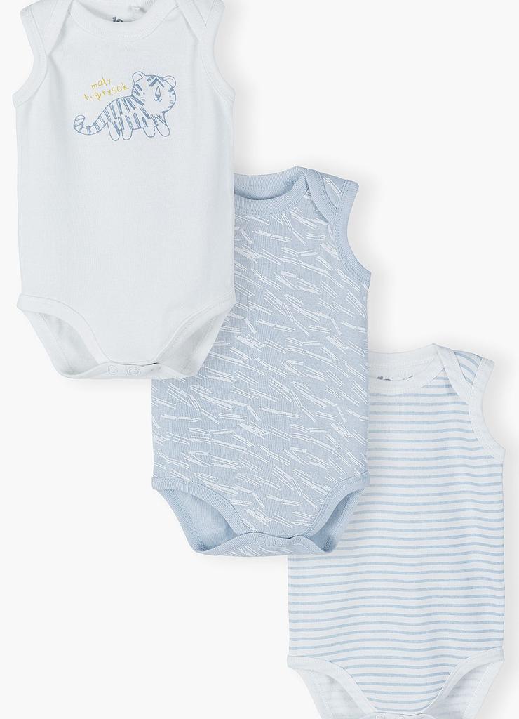 Zestaw trzech bawełnianych biało-niebieskich body dla niemowlaka