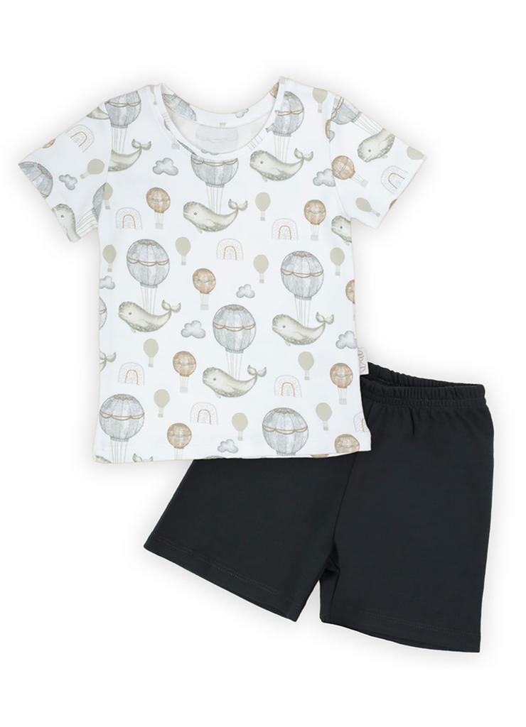 Komplet chłopięcy bawełniany- t-shirt + szorty- wieloryby i balony
