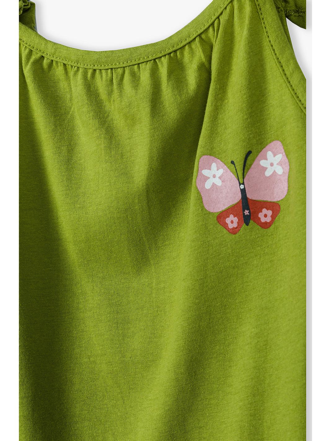 Bawełniany T-shirt dla dziewczynki - zielony z motylkiem
