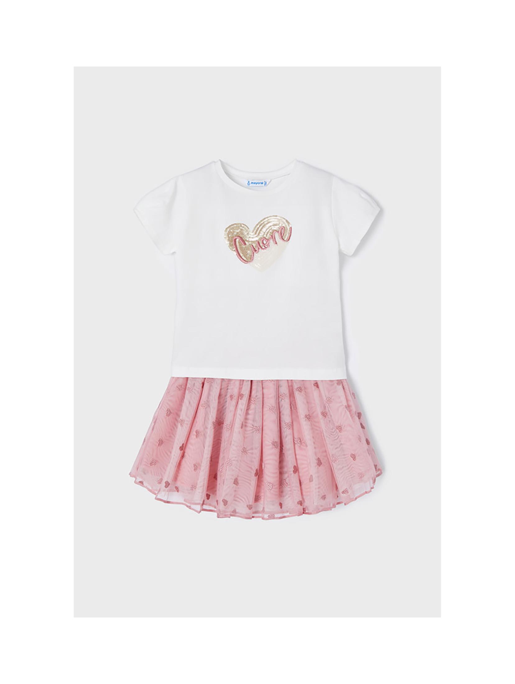 Komplet dziewczęcy Mayoral-koszulka z krótkim rękawem i różowa spódnica